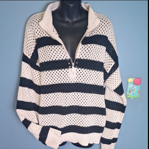Sanctuary Sweaters - Black & Cream Zip Neck Pull Over Sweater Size XL